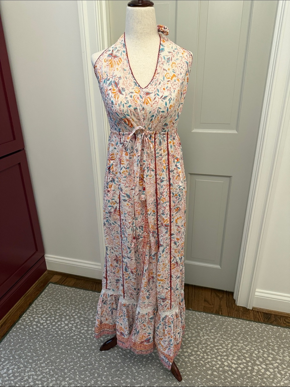Poupette St Barth White Floral Halter Maxi Dress with Pink and Orange Accents